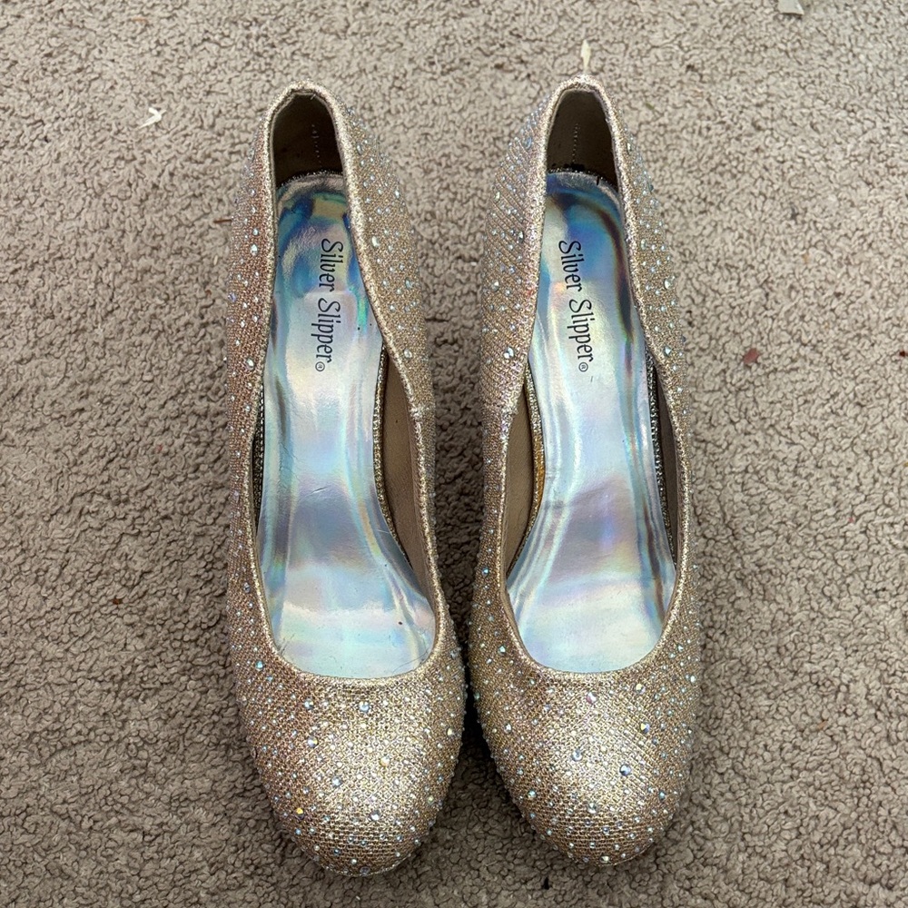 Silver Slipper Sparkling Gold Heels